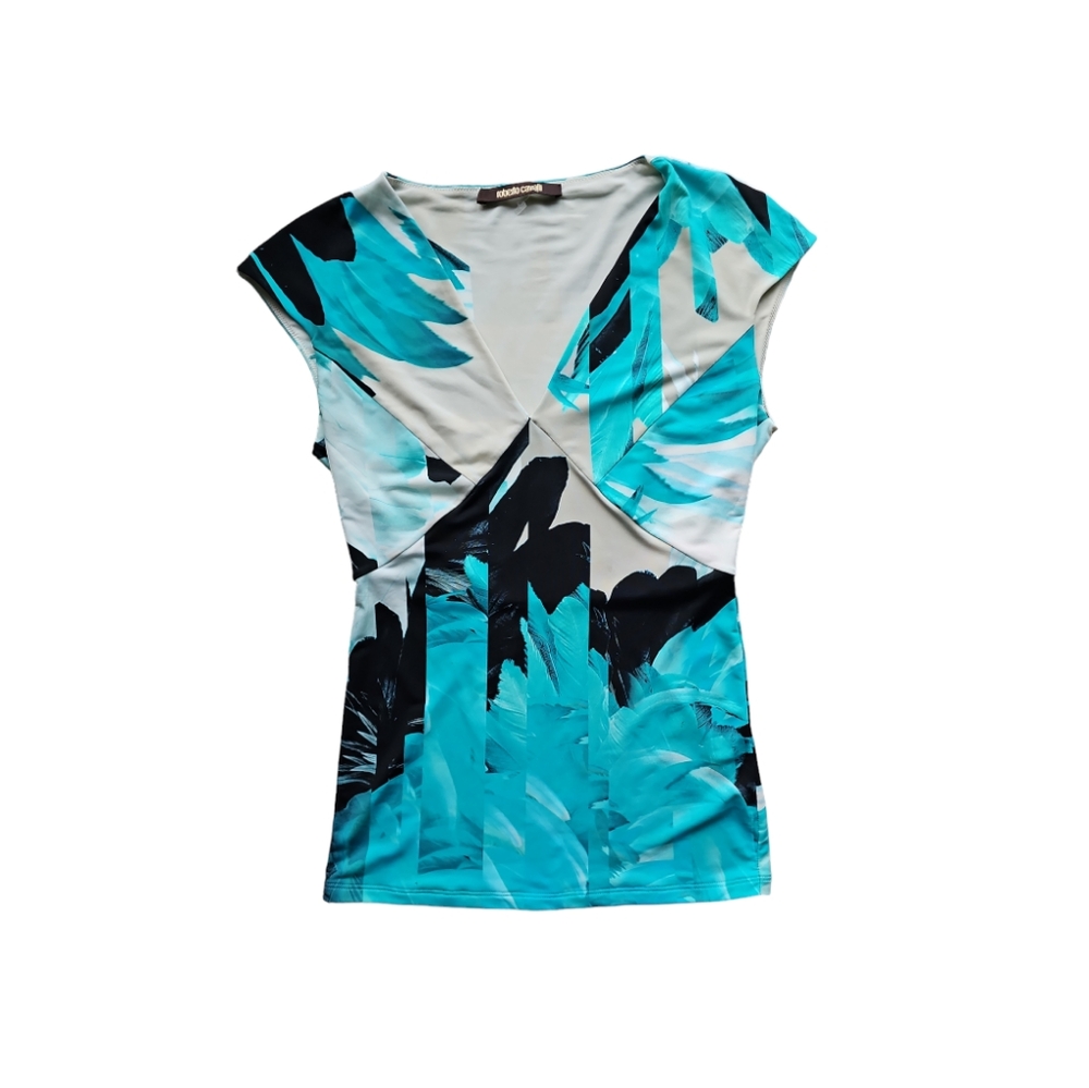 Roberto Cavalli sleeveless V-neck Stretch Jersey Top Abstract Green 16" Ptp